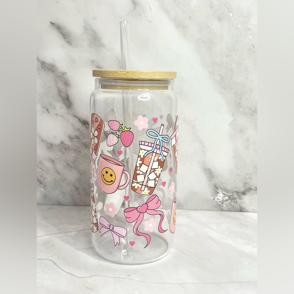 Cute Pink Floral Glass Tumbler with Straw